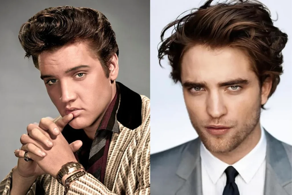Corte de cabelo masculino com topete: 38 inspirações + dicas 4 elvis presley e Robert Pattinson com corte de cabelo com topete