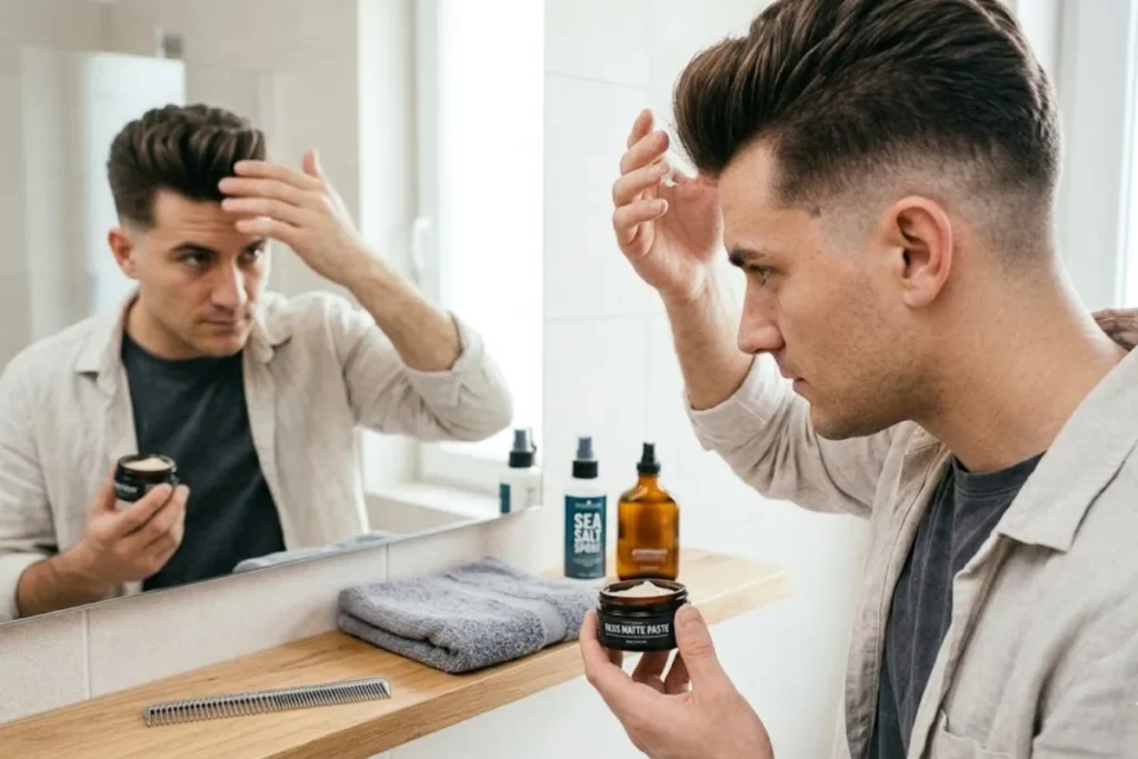 Corte de cabelo masculino com topete: 38 inspirações + dicas 43 Homem cuidando do cabelo