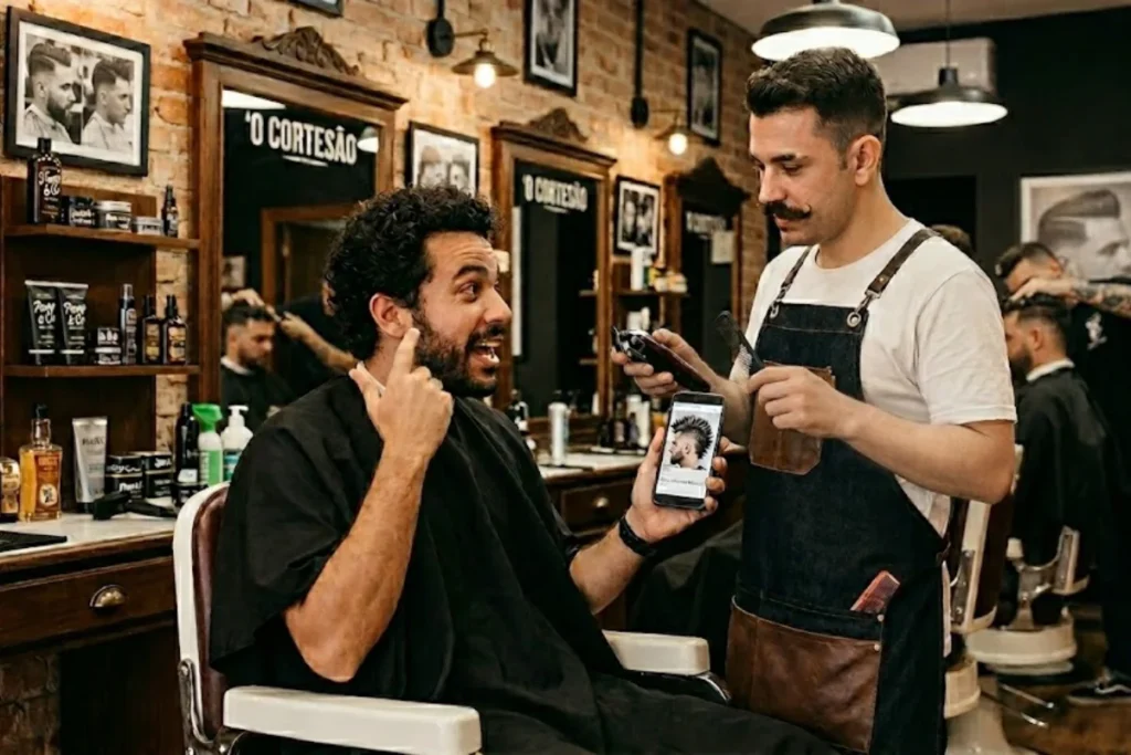 pedindo o corte moicano na barbearia